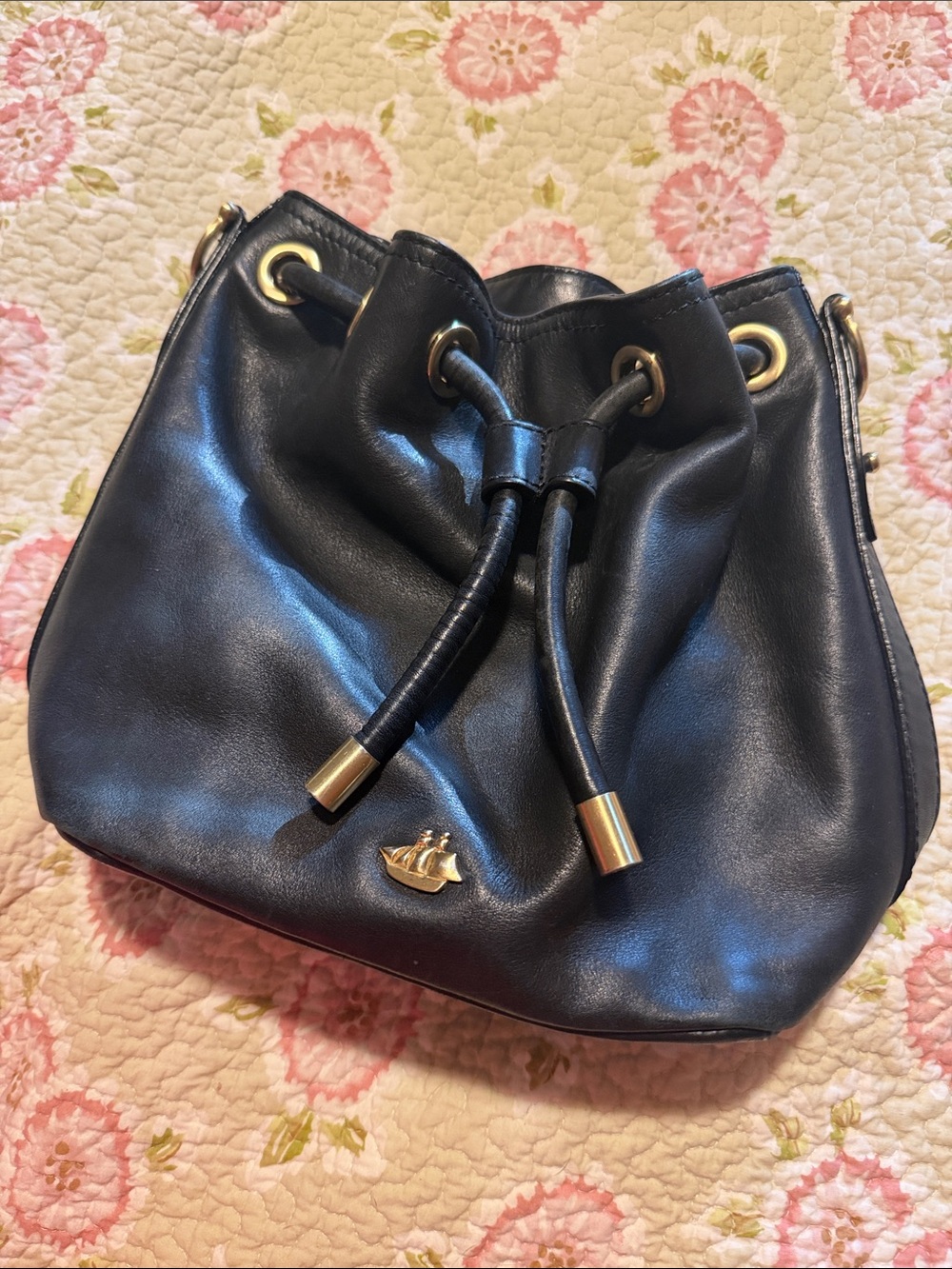 Brahmin Black Leather Drawstring Bucket Bag